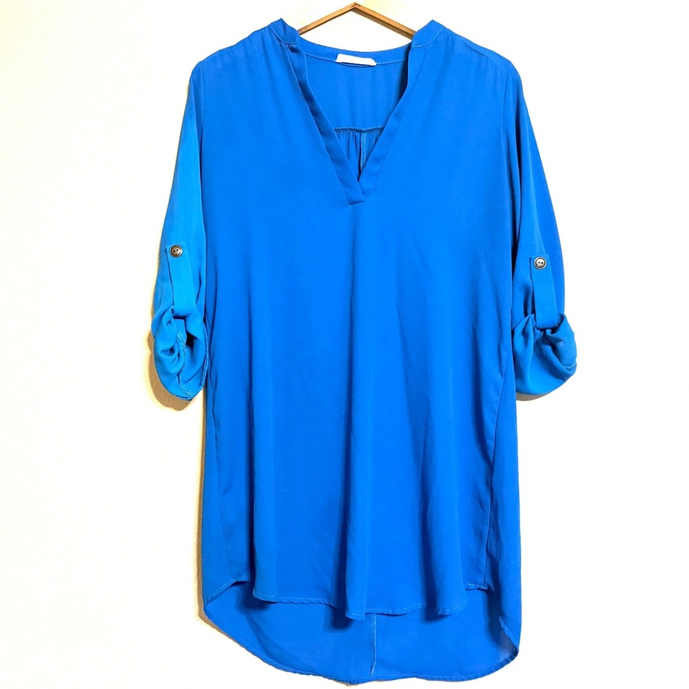 Lush Royal Blue V Neck Roll Tab Sleeve High Low Tunic Top Women's Size S